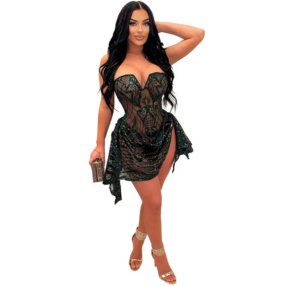 European And American Sexy V-neck Tube Top See-through Sequins Dress Women by GJG Denim