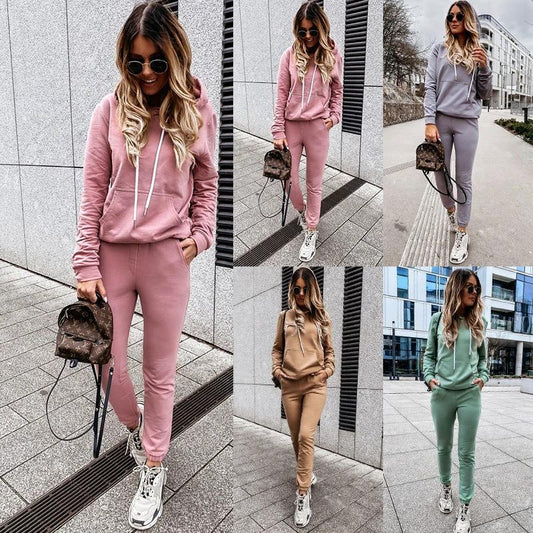 Two-Piece Solid Color Casual Hooded Sweatshirt Sportswear Suit by GJG Denim