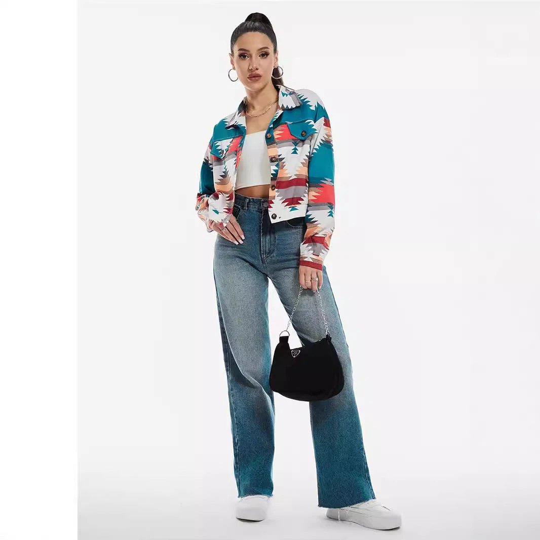 Coat Printing Long Sleeve Short Top by GJG Denim