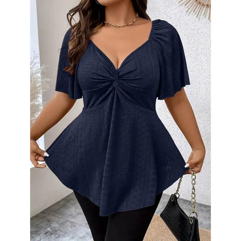 V-neck Drawstring-waist Sexy Short-sleeve Solid-color T-shirt by GJG Denim