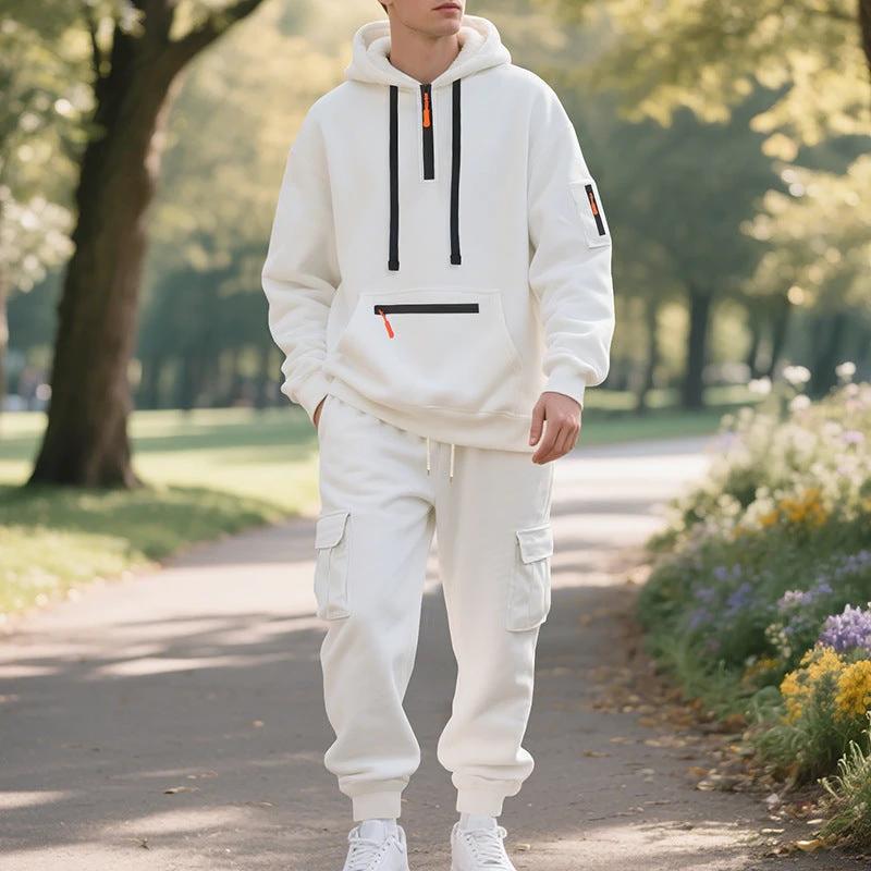 Men's Loose Sports And Leisure Suit Sweater Fleece-lined Hoodie Set Zipper Multi-Pocket Pullover Men's Sports Casual Top Two-piece Set by GJG Denim
