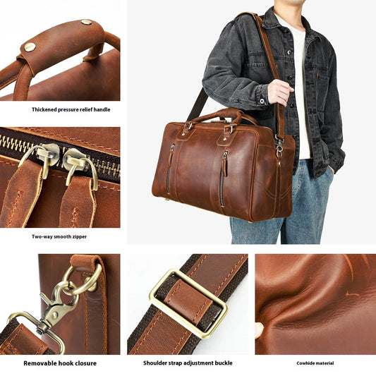 Men's Retro Short-distance Travel Bag Genuine Leather by GJG Denim