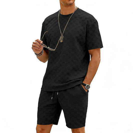 Checkered Mens Short-sleeve T-shirt And Casual Shorts Set by GJG Denim