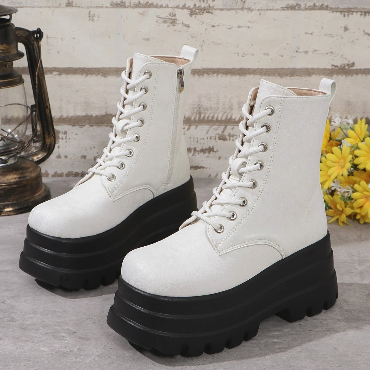 Women's Three-layer Platform Plus Round Toe Patchwork Retro Cool Martin Boots by GJG Denim