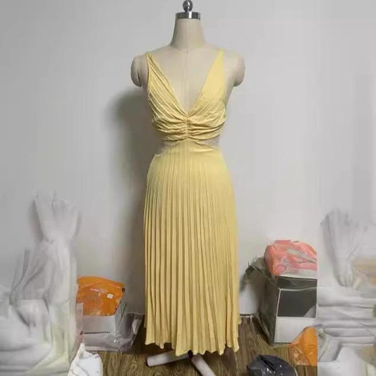 Ins Suspender Pleated Long Dress With Hollow-waisted Design Fashion V-neck Backless Dresses Summer Women's Clothing by GJG Denim