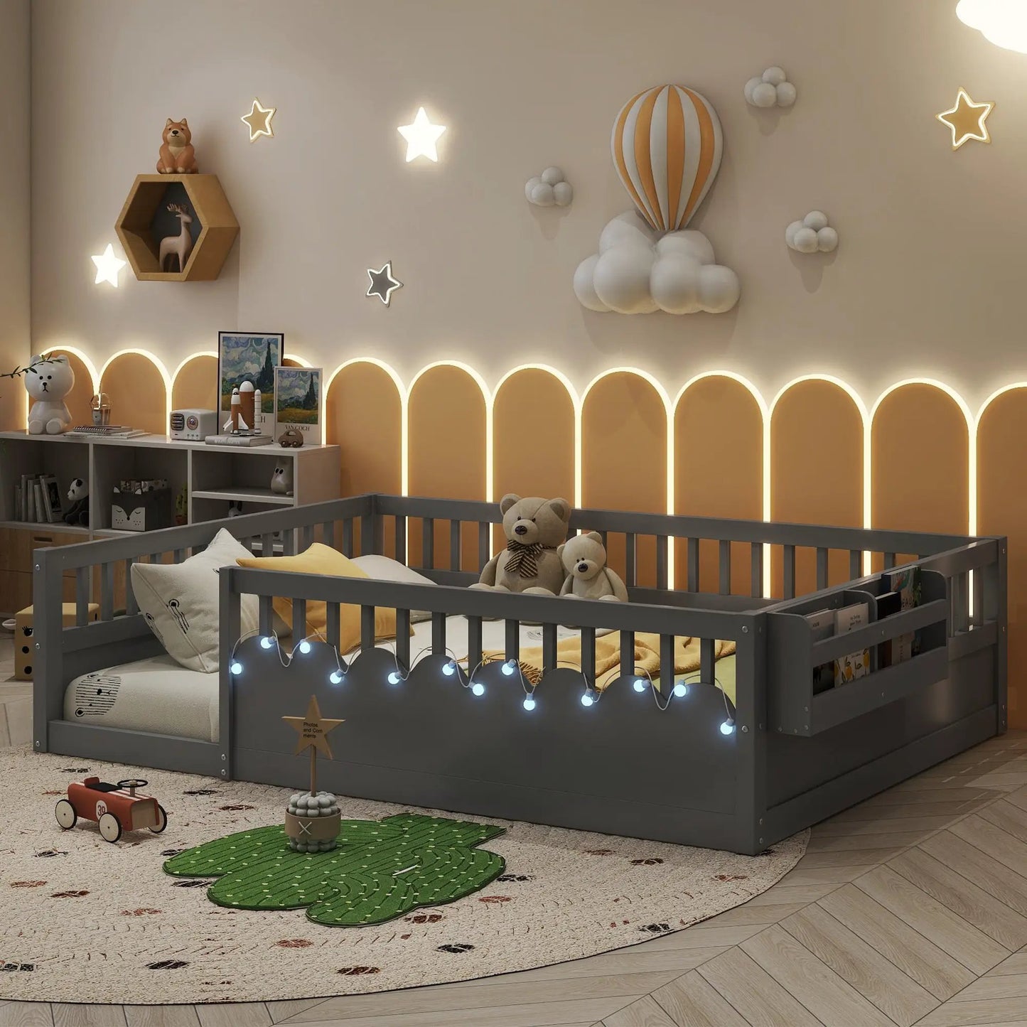 Full Montessori Floor Bed Frame With High Rails, Wood Kids Floor Beds With Light And Storage Shelf, Gray by GJG Denim