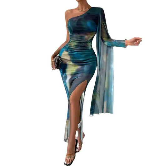 Fashion Printed Shoulder Long Sleeve Dress by GJG Denim