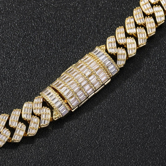 Men's Wide Cubic Zircon Rhombus Cuban Chain Flap Buckle (16 inch, 18 inch, 20 inch, 22 inch, 24 inch) Bracelet (7 inch, 8 inch) by GJG Denim