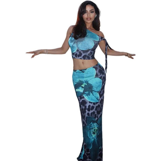 Contrast Color Leopard Print Flower Print Sleeveless Midriff-baring Long Dress Suit by GJG Denim