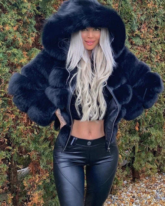 Women's Fashion Long Sleeve Solid Color Faux Fur Jacket Hooded Coat by null