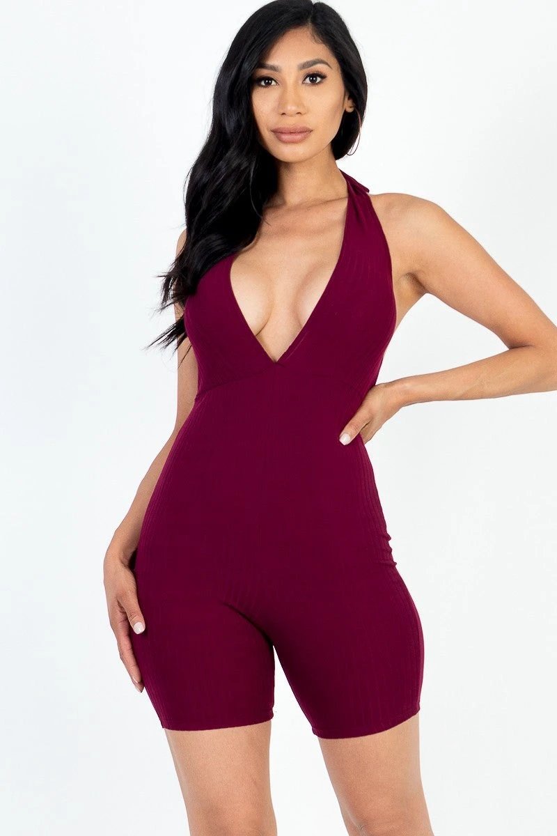 Casual Solid Halter V Neck Ribbed Bodycon Romper by VYSN