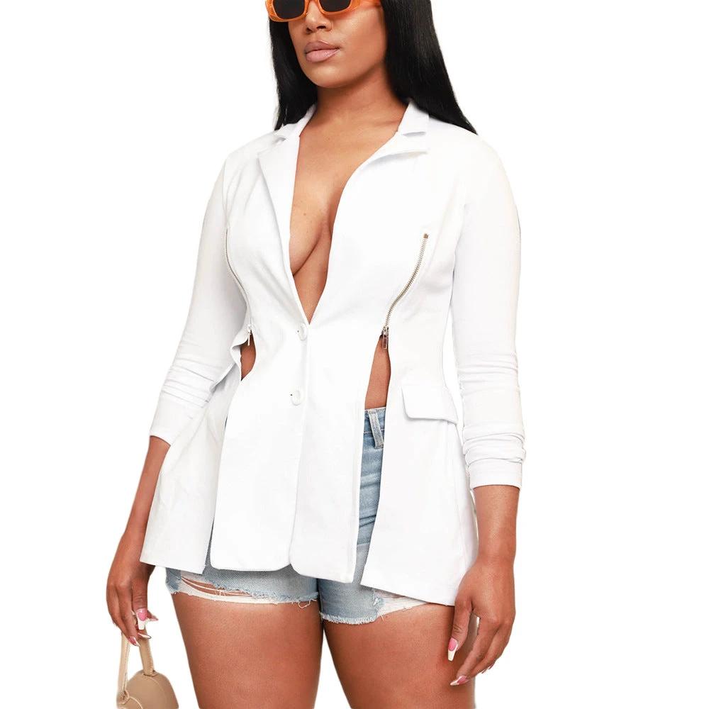 Fashionable With Side-slit Long-sleeve Zipper Lapel Suit by GJG Denim