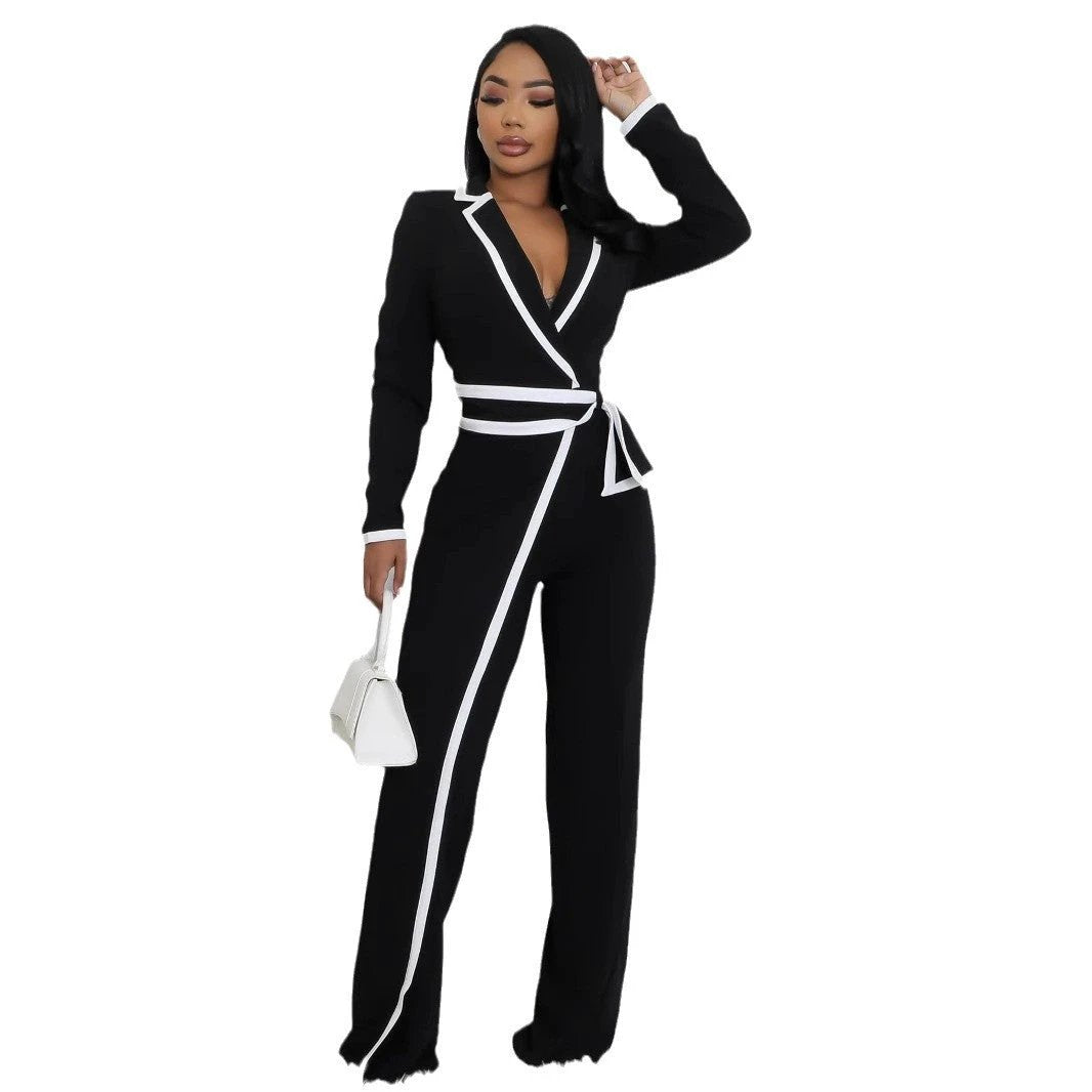Fashion Belt Design Dual-color Patchwork Long Sleeve Jumpsuit by GJG Denim