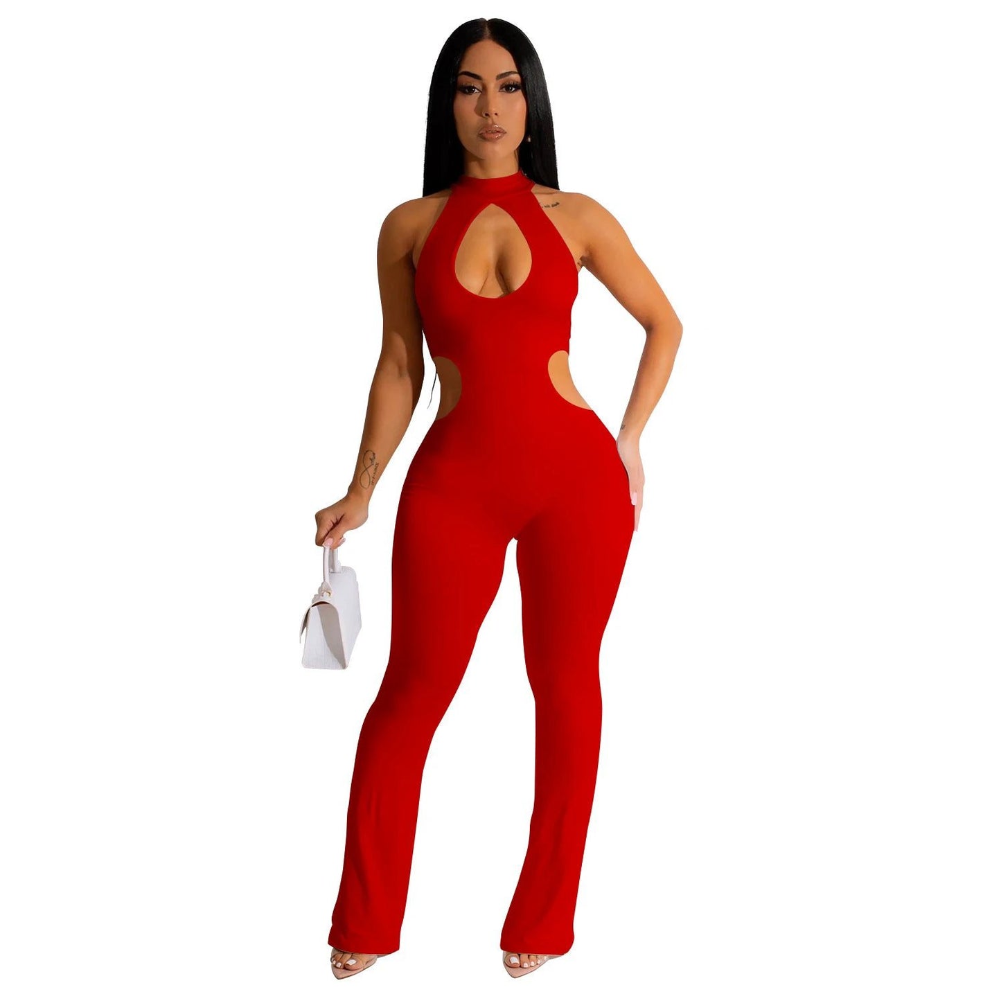 Women's Solid Color Sexy Halter Hollow-out Jumpsuit by GJG Denim