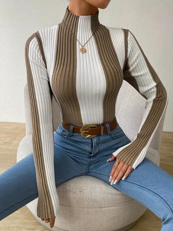 Women's Spring And Autumn Classic Black And White Contrast Color Vertical Pattern Sweater by GJG Denim