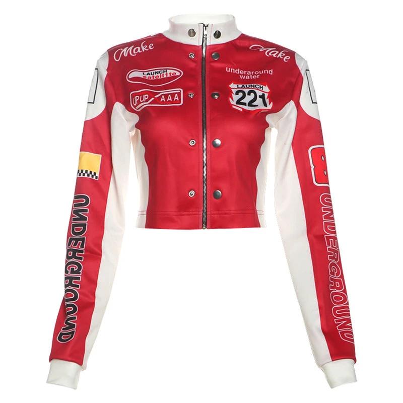 Women's Cropped Printed Long Sleeve Baseball Uniform Coat by GJG Denim