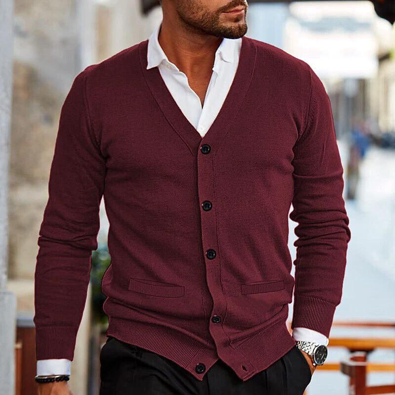 Men's Double-sided Pocket Knitwear V-neck Long Sleeve Slim Cardigan Sweater by GJG Denim
