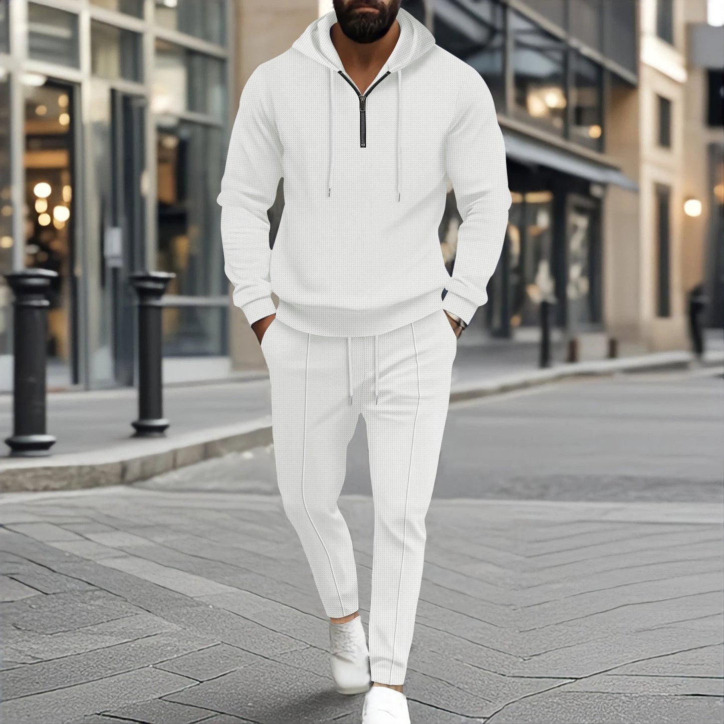 Waffle Hooded Small Zipper Casual Long Sleeve Pants Two-piece Suit by GJG Denim