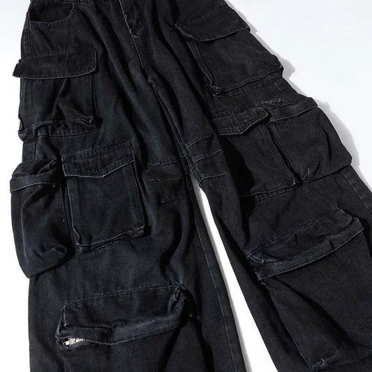 High Street Multi-pocket Heavy Industry Washed Old Cargo Jeans by GJG Denim