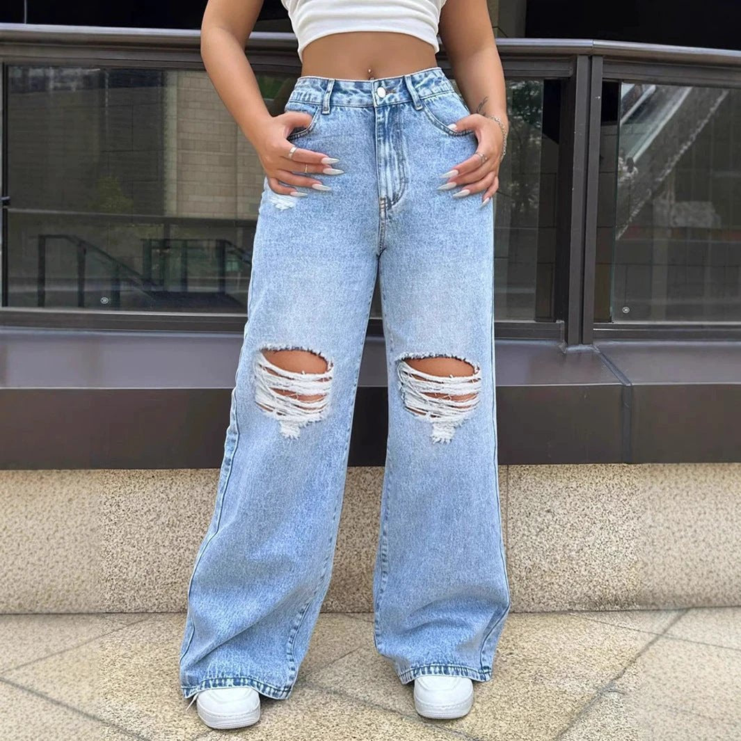 Ripped Washed Loose Straight Wide Leg Jeans by GJG Denim