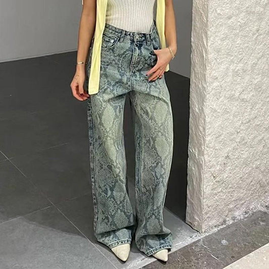 Women's American Style Spliced Snake Pattern Straight Leg Jeans by GJG Denim