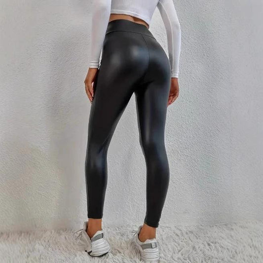 Slim Fit Hip Raise Leather Pants Thin Velvet Outdoor Casual Leggings by GJG Denim