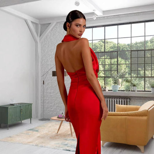 Sexy Slim Fit Slimming Halter Pendant Collar Backless Dress V-neck by GJG Denim