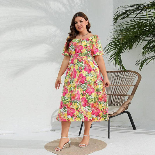 Plus Size Western off Neck Dress Elegant Floral Midi Dress Tight Waist Dress by Lady Ros