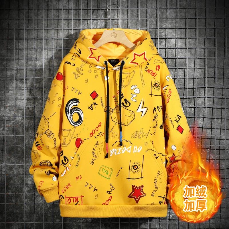 Men's Fleece-lined Graffiti Hooded Sweater by GJG Denim