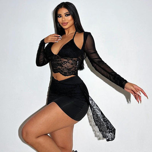 V-neck Lace Mesh Long Sleeve Cover and Cami Skirt Set by GJG Denim