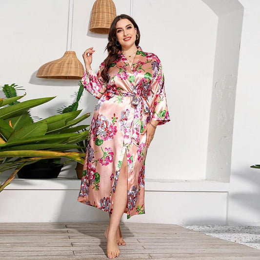 Plus Size Russian American Emulation Silk Nightgown Long-Sleeved Home Wear Women Leopard Print Wearable by Lady Ros
