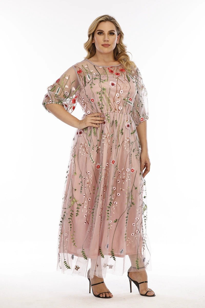 Plus Size French Hepburn Dress Women Mesh Embroidered Banquet Party Maxi Dress by Lady Ros