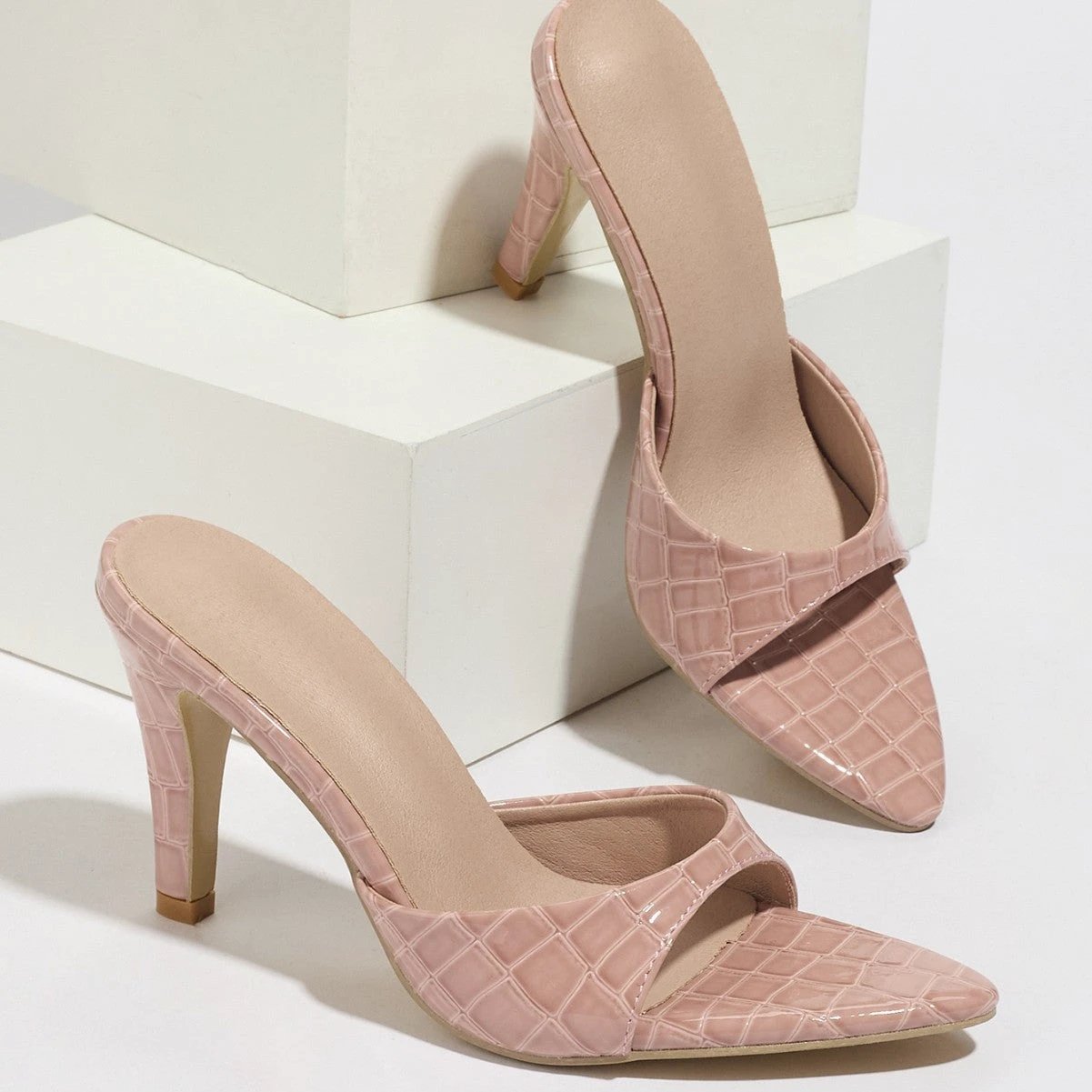 Pointed Toe Open Toe Stiletto Heel Slippers by GJG Denim