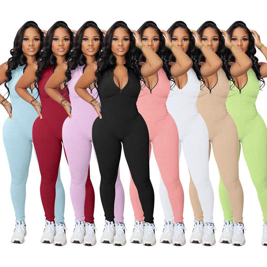 Women's Solid Color Stretch Small Sunken Stripe Zipper Jumpsuit by GJG Denim
