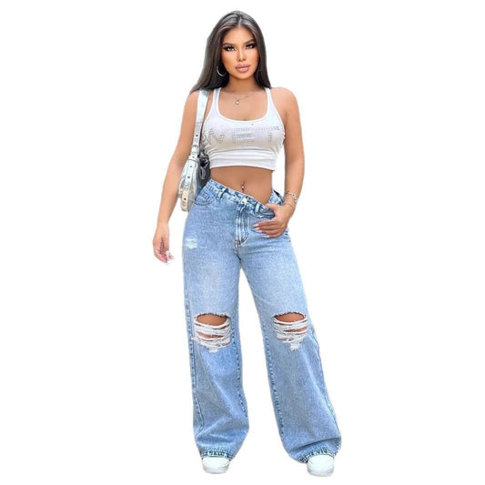Ripped Washed Loose Straight Wide Leg Jeans by GJG Denim