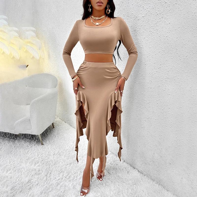 Women's Long Sleeve Round Neck Pleated Dress Suit - Solid Color Elegant Ruffle Outfit by GJG Denim
