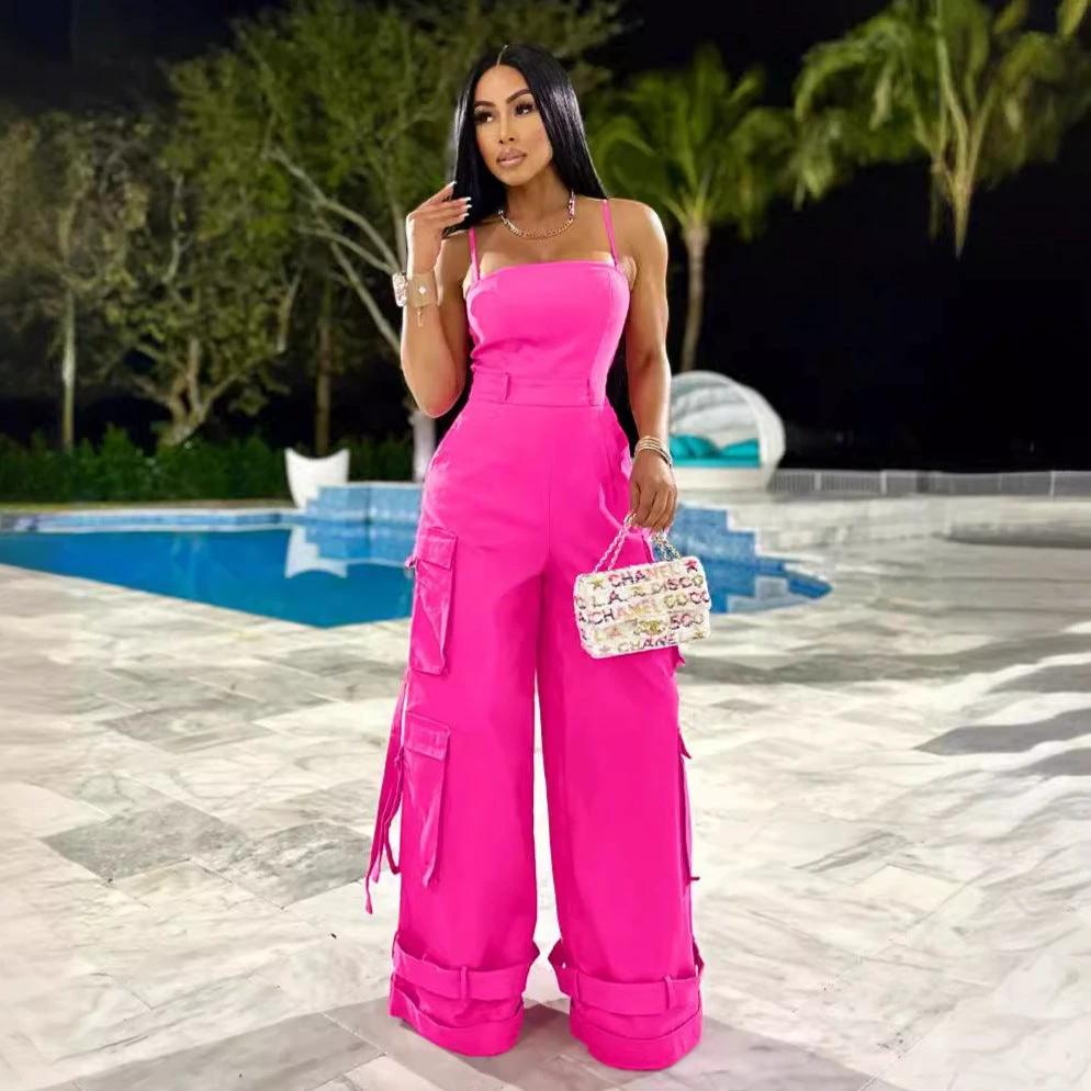 Tube Top Multi-pocket Cargo Wide Leg Jumpsuit by GJG Denim