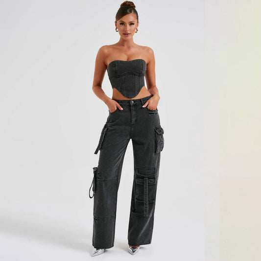 Tube Top And Pocket Stitching Jeans Pants by GJG Denim