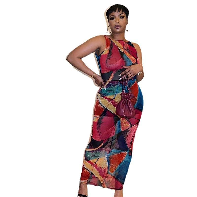 Women's Fashion Printed Sleeveless Hip Wrap Dress by GJG Denim