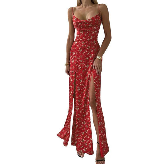 Women's Printed High Waist Slit Off-neck Dress by GJG Denim