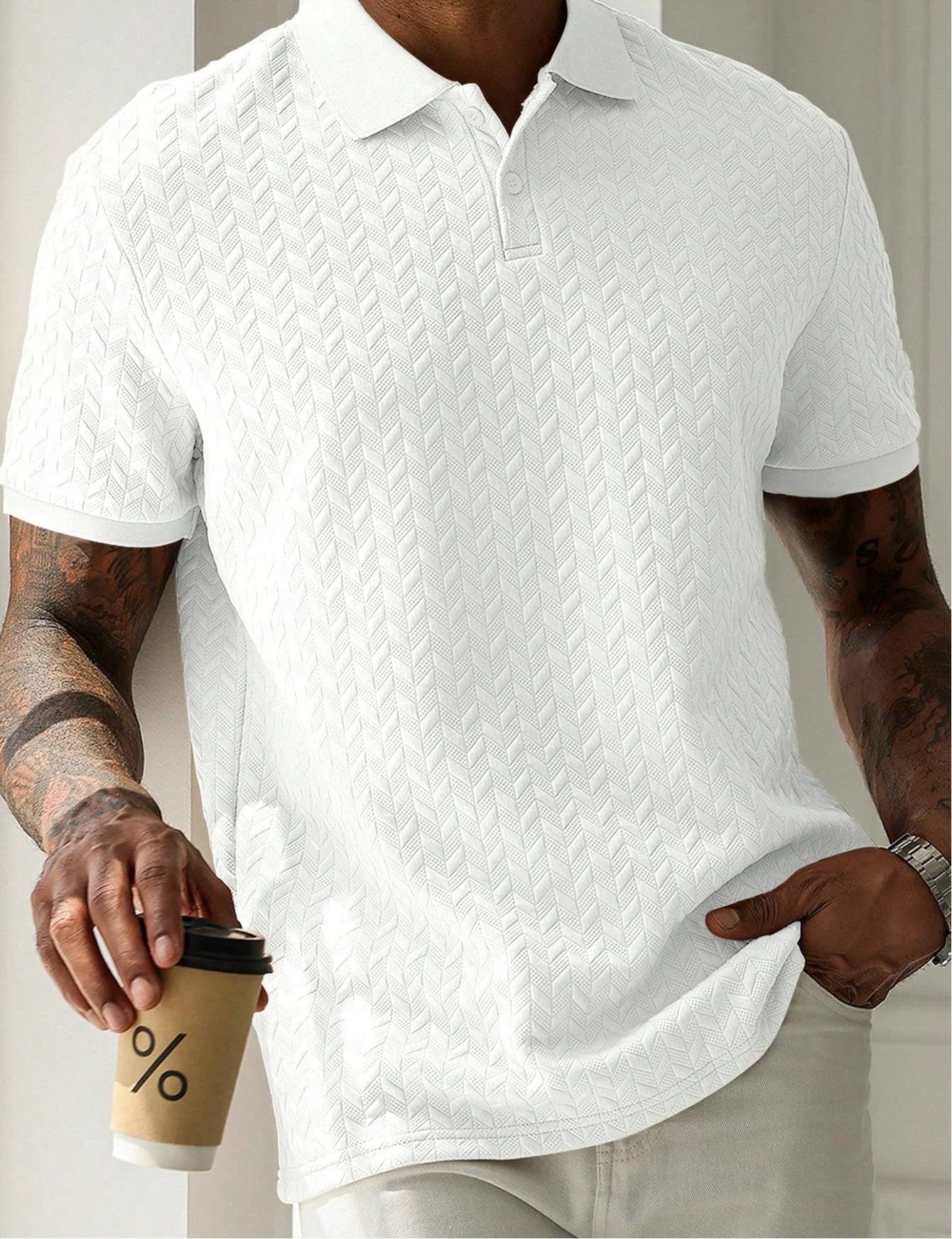 Men's Solid Color Polo Collar Short-sleeved Shirt by GJG Denim