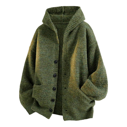 Men's Relaxed Loose-fitting Hooded Cardigan Knit Sweater by GJG Denim