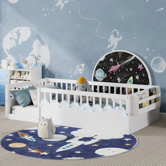 Twin Montessori Floor Bed Frame With High Rails, Wood Kids Floor Beds With Light And Storage Shelf, White by GJG Denim