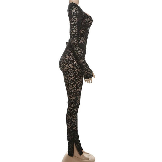 Fashion Solid Color Lace See-through Hollow Out Stitching Slim Fit Sexy by GJG Denim