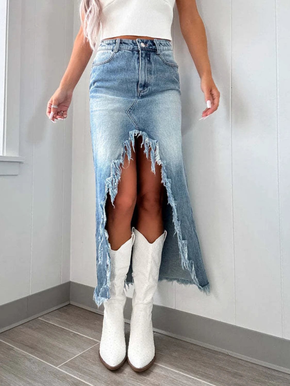 High-Waist Raw Hem Asymmetry Denim Skirt by Lady Ros