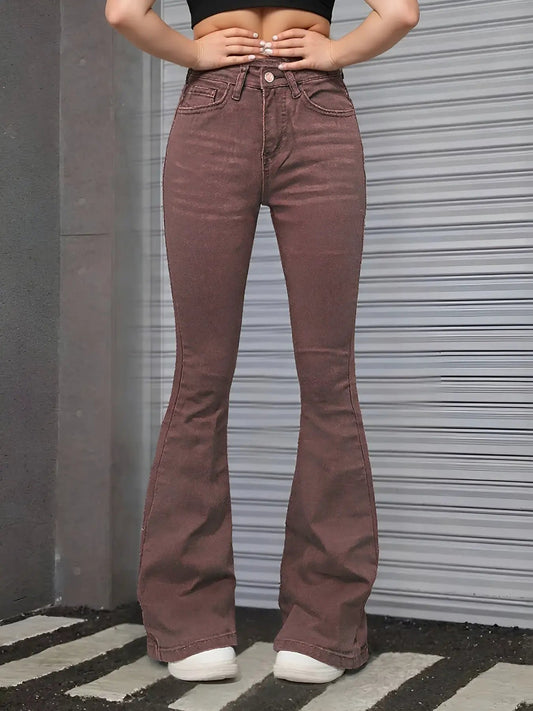 Women's Brown High Rise Flare Jeans, Washed Stretchy Bell Bottom Denim Pants by GJG Denim