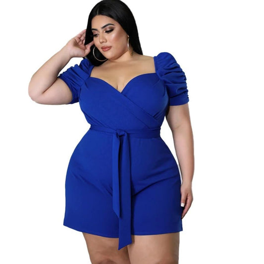 Women's Casual Fashionable And Sexy Solid-Colored Belted Jumpsuit In Plus Sizes by GJG Denim