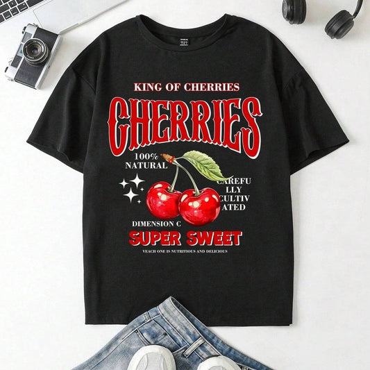Plus Size Cherry Ocean Shark Print Round Neck Short Sleeve Women's by GJG Denim