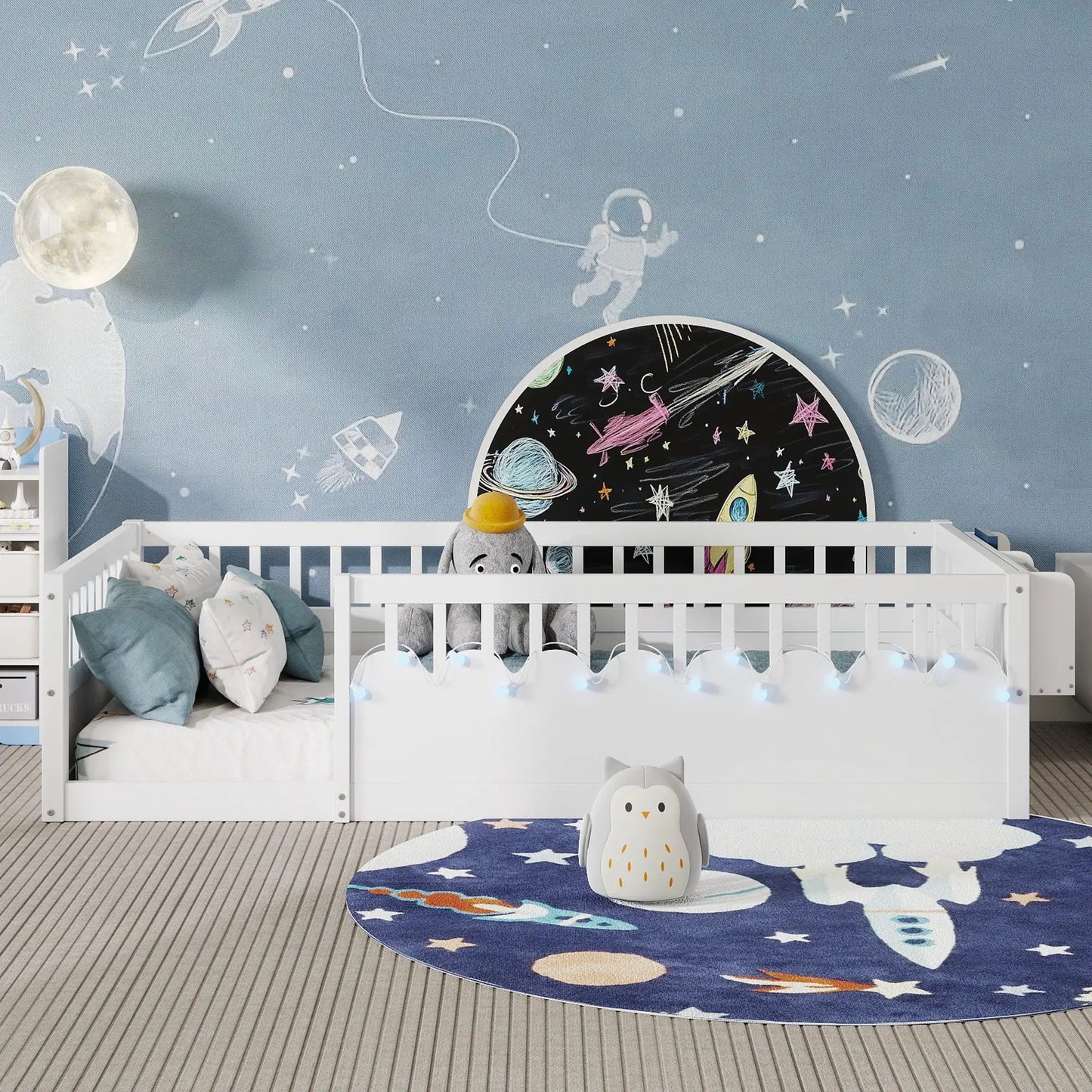 Twin Montessori Floor Bed Frame With High Rails, Wood Kids Floor Beds With Light And Storage Shelf, White by GJG Denim