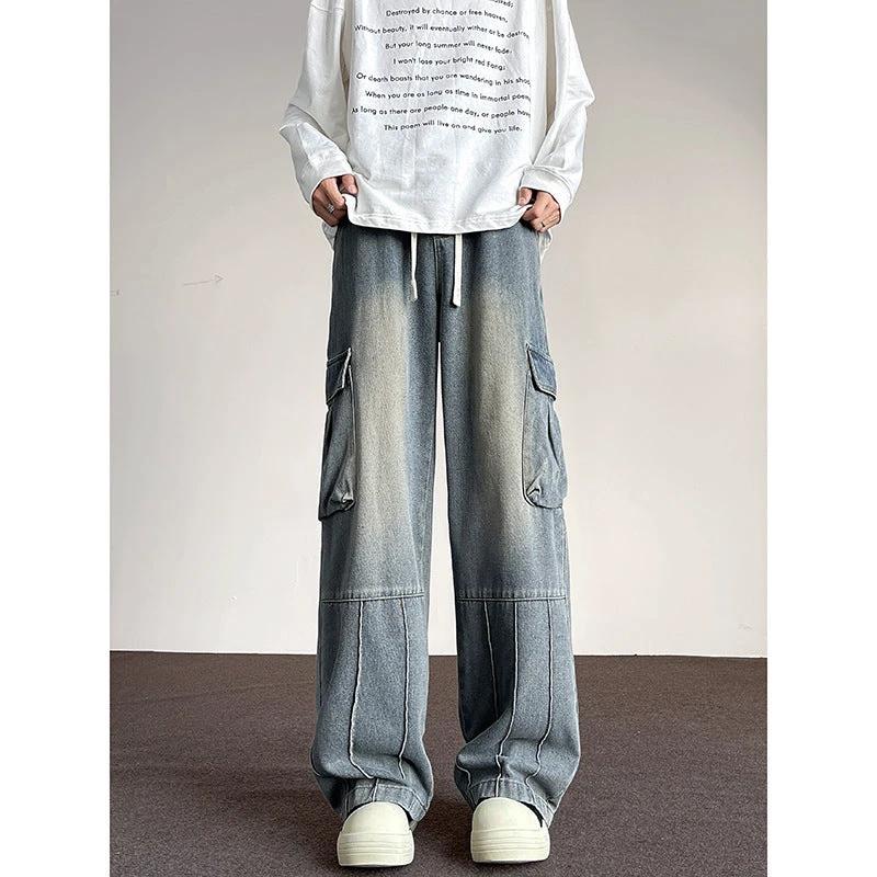 Washed Vintage Denim Men's Versatile Wide-Leg Multi-Pocket Casual Jeans by GJG Denim